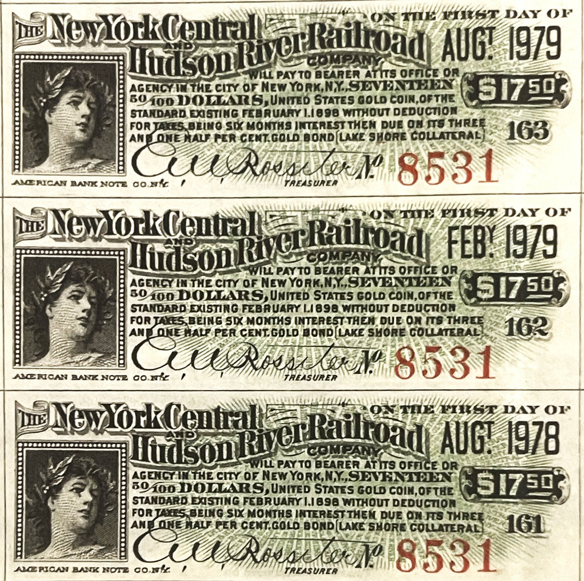 Three historical New York Central & Hudson River Railroad gold bond certificates dated 1898, 1979, and 1978, showing portrait