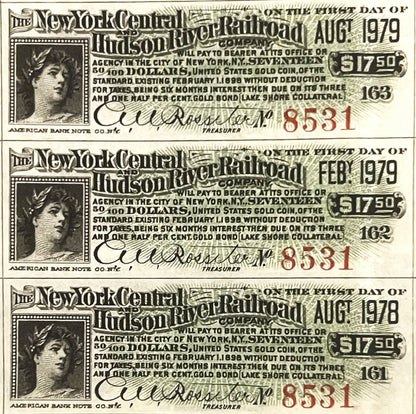 Three historical New York Central & Hudson River Railroad gold bond certificates dated 1898, 1979, and 1978, showing portrait