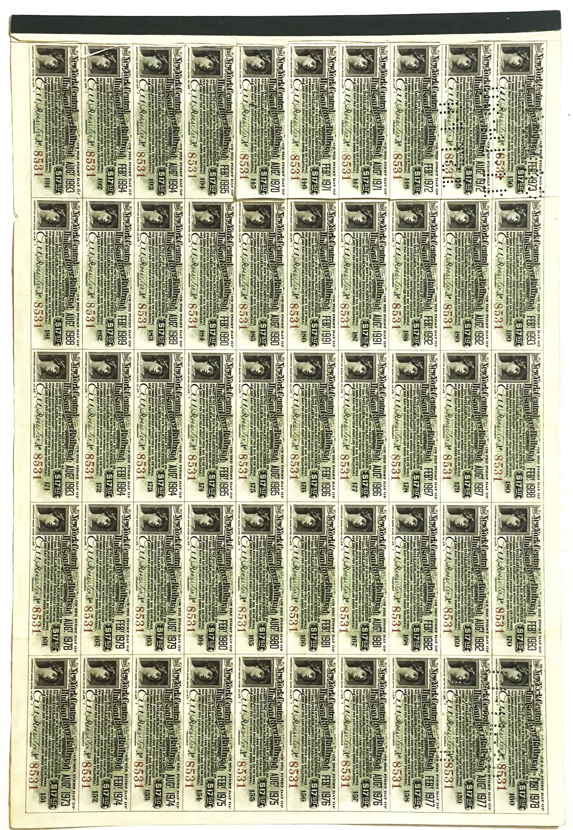 Sheet of 50 uncut 1898 New York Central & Hudson River Railroad gold bond certificates with portrait vignette, printed in gre