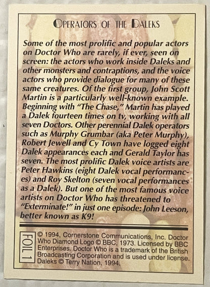 Cream-colored 1994 Doctor Who trading card back with black text describing Dalek operators and voice actors, featuring foil a