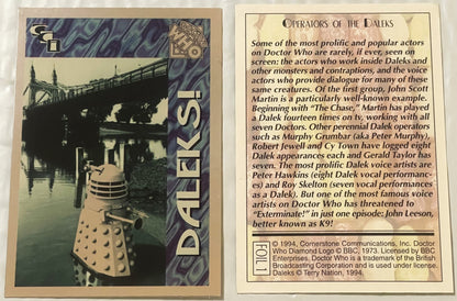 Two vintage 1994 Doctor Who Dalek trading cards shown front and back, featuring foil Dalek imagery and text about actors who 
