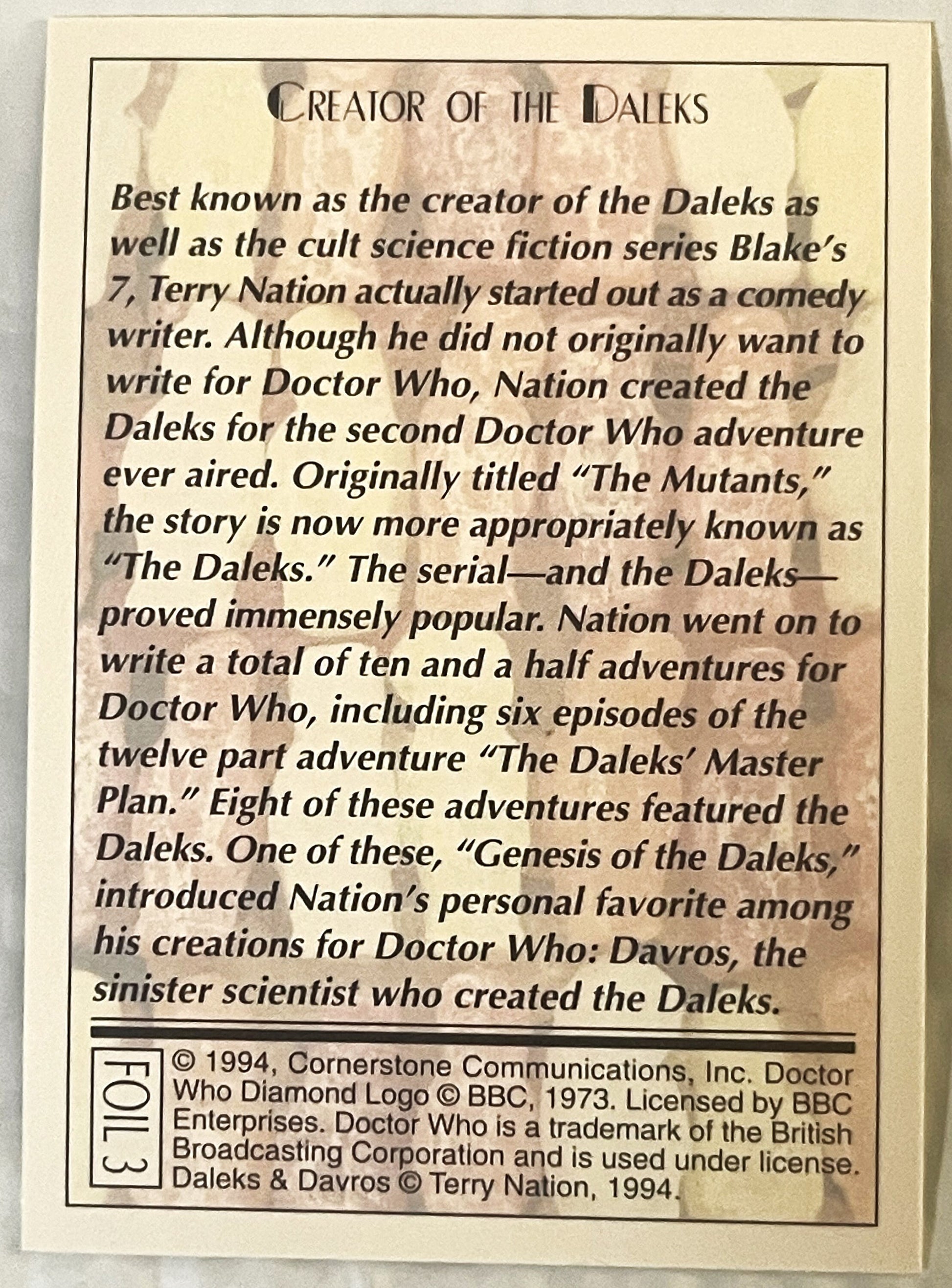 Cream-colored 1994 Doctor Who trading card with black text describing Terry Nation as creator of the Daleks, featuring foil n