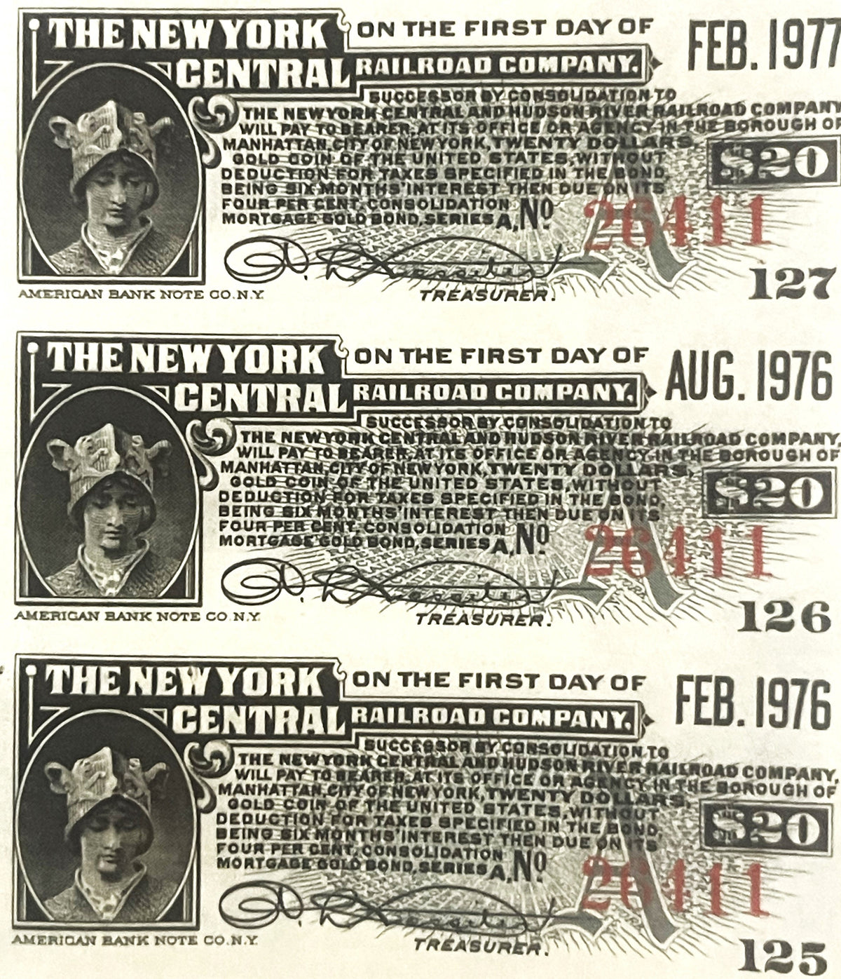 Three vintage New York Central Railroad gold bond certificates from 1976-1977, printed in black and red on cream paper, showi