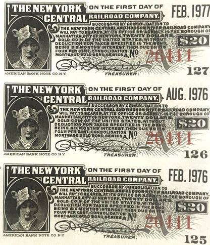 Three vintage New York Central Railroad gold bond certificates from 1976-1977, printed in black and red on cream paper, showi