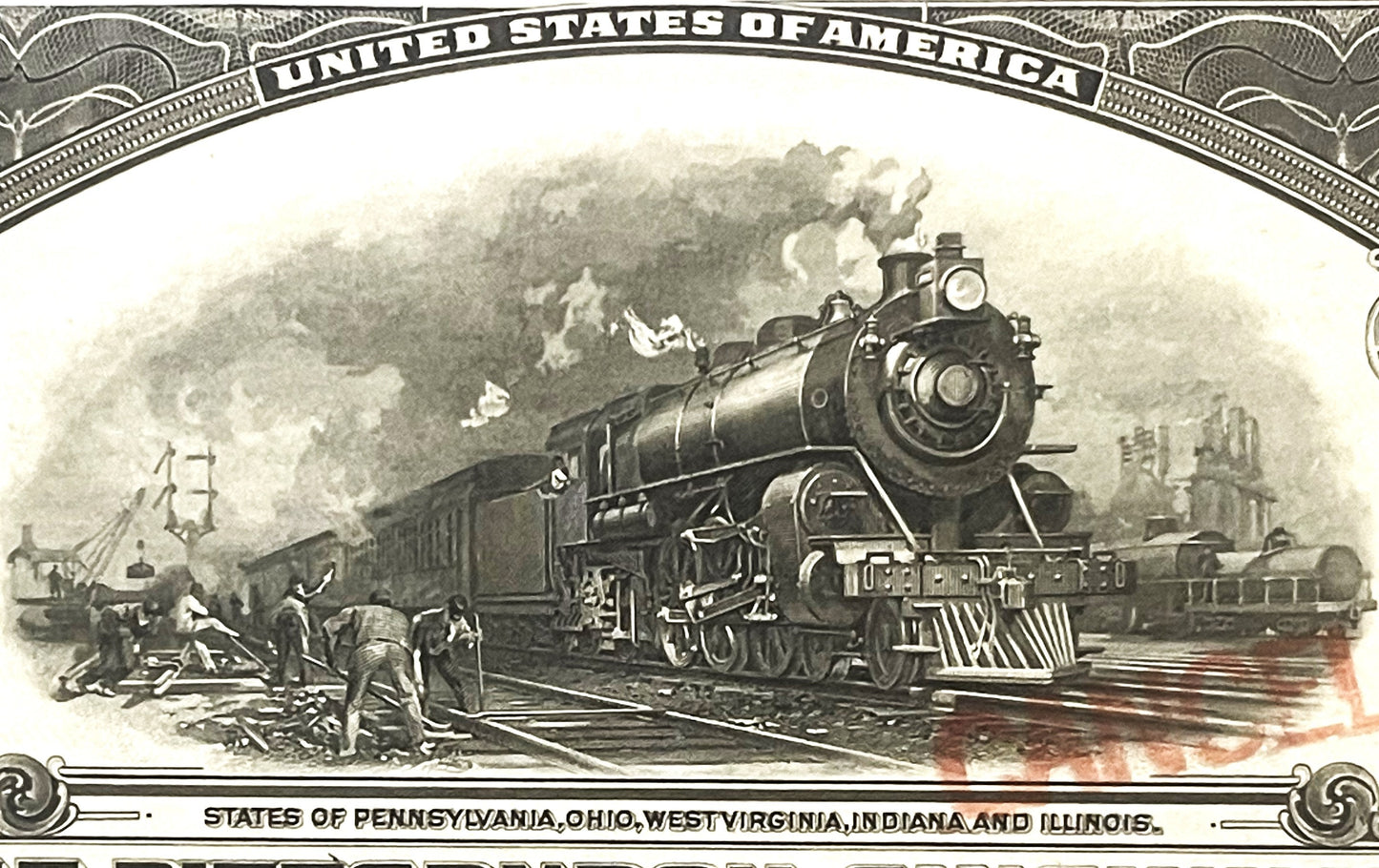 Engraved steam locomotive with passenger cars on railroad tracks, workers in foreground, mountainous landscape, "United State