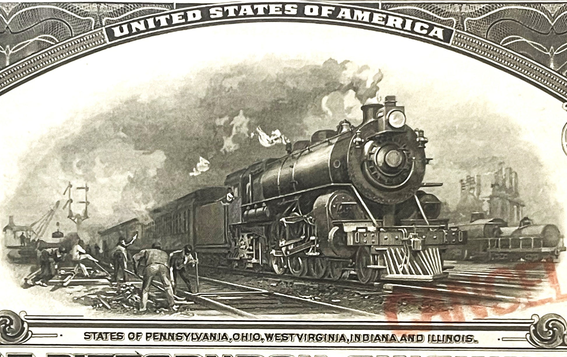 Engraved steam locomotive with passenger cars on railroad tracks, workers in foreground, mountainous landscape, "United State