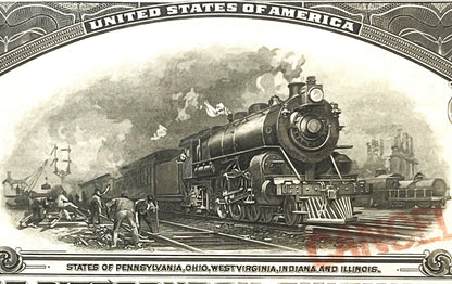 Engraved steam locomotive with passenger cars on railroad tracks, workers in foreground, mountainous landscape, "United State