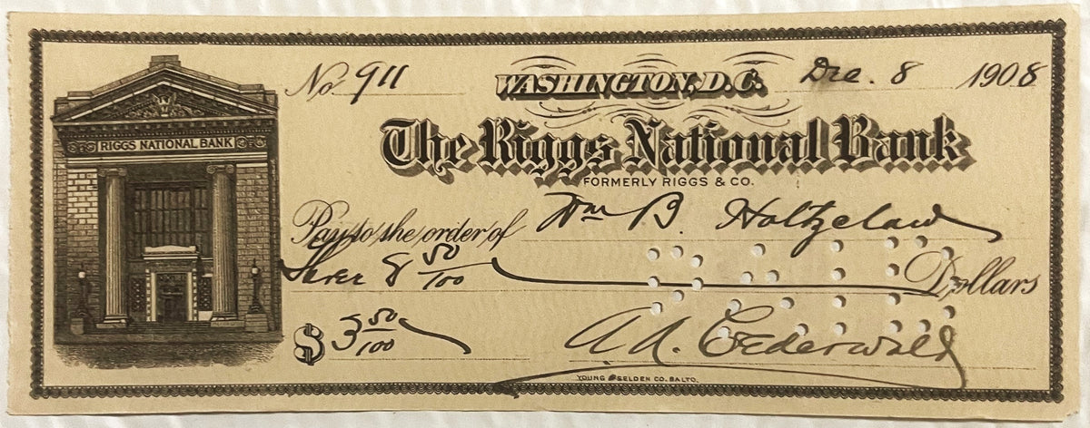 Antique Riggs National Bank check, Washington, D.C., earlier printing with FORMERLY RIGGS & CO. and an engraved building vignette, hand-completed and punch-cancelled