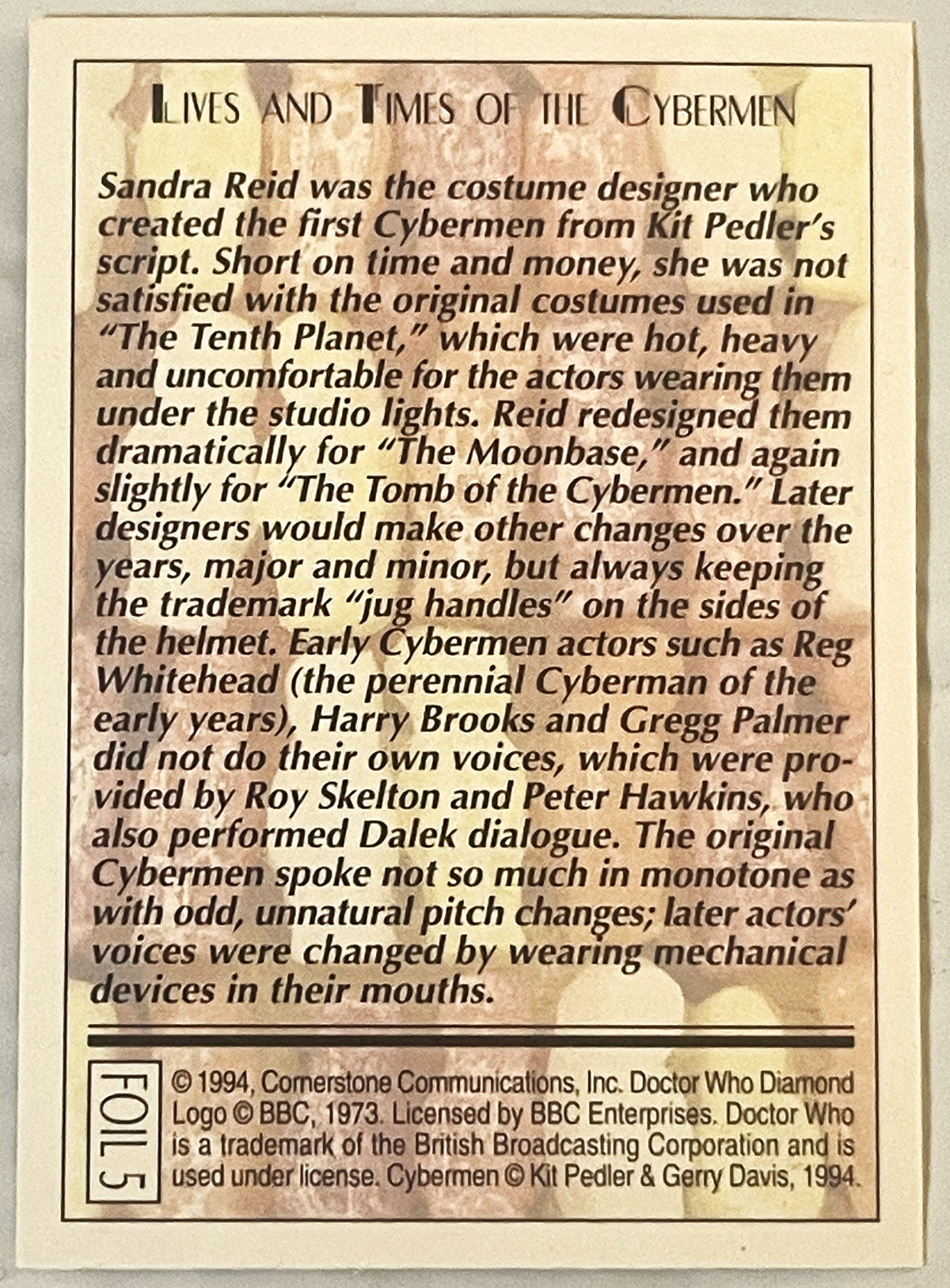 Vintage 1994 Doctor Who Cybermen trading card #5 with cream background and text about costume designer Sandra Reid