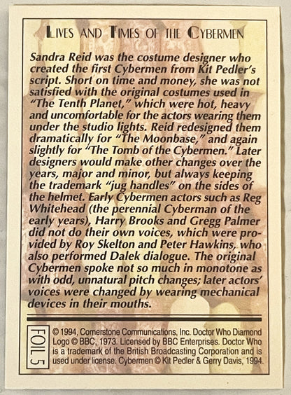 Vintage 1994 Doctor Who Cybermen trading card #5 with cream background and text about costume designer Sandra Reid