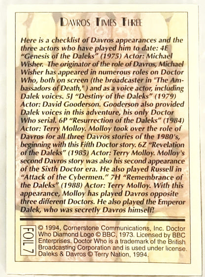 Vintage 1994 Doctor Who Davros foil card showing text checklist of three actors who played the character, with copyright and 