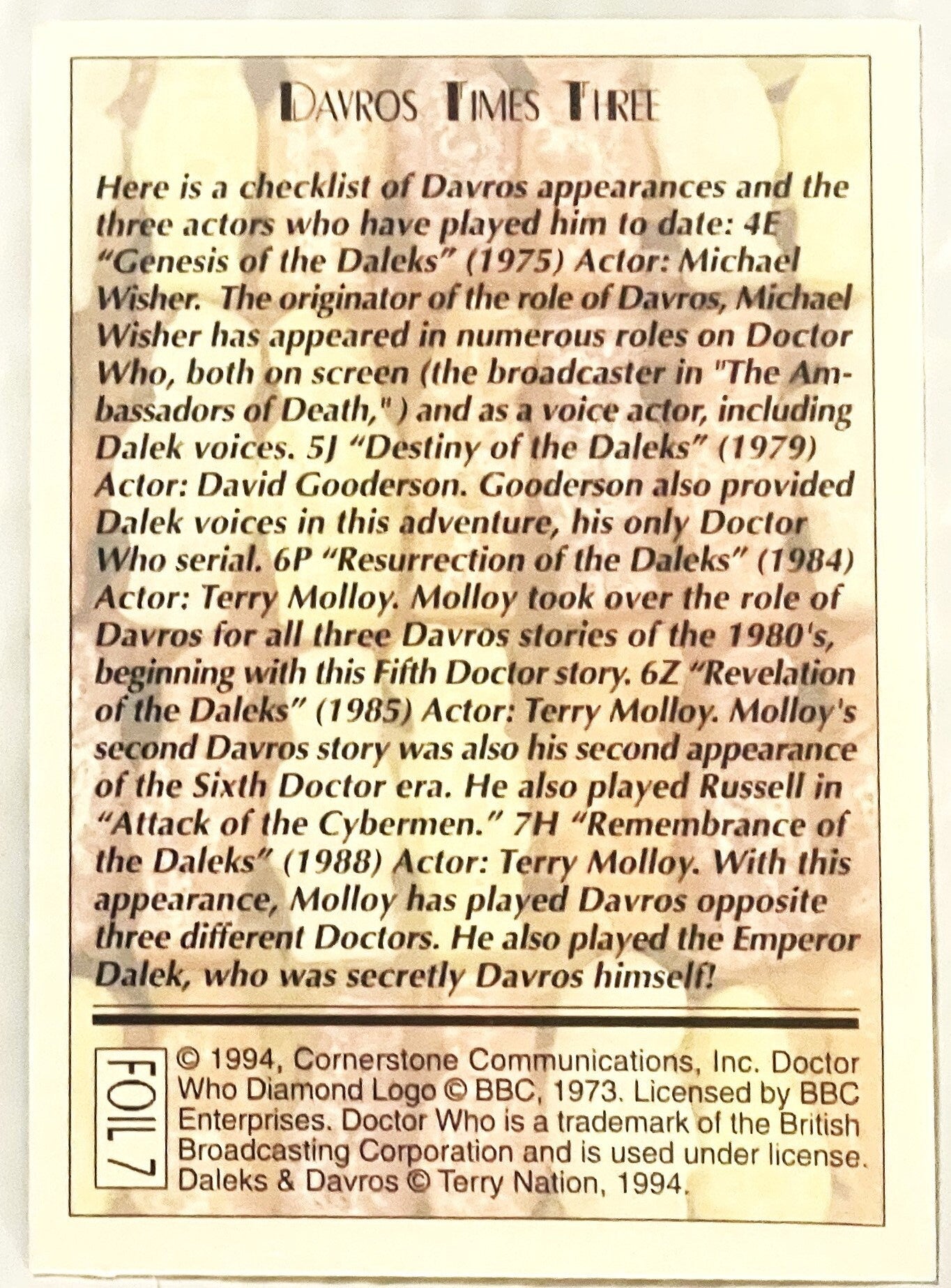 Vintage 1994 Doctor Who card FOIL 7 showing text about Davros actors Michael Wisher, David Gooderson, and Terry Molloy