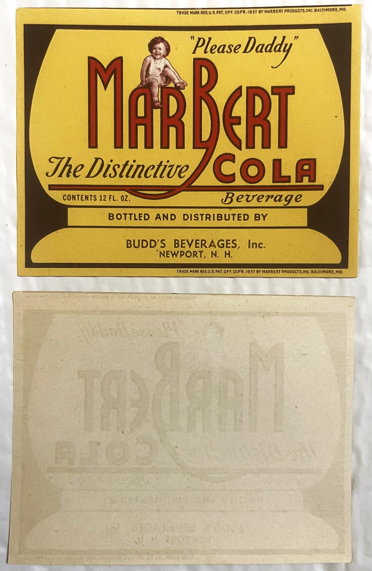 Front and back of vintage Marbert Cola beverage label from Newport, NH, yellow with red lettering and baby illustration