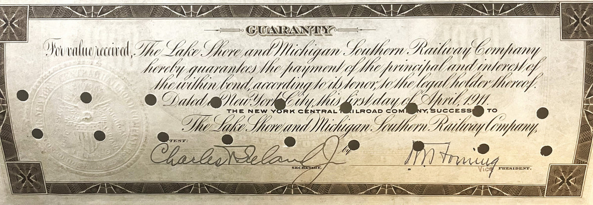 Sepia-toned 1911 railway bond certificate with ornate border, circular seal, and signatures; printed guarantee