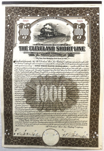 Antique 1911 Cleveland Short Line Railway $1000 gold bond certificate with steam locomotive vignette and coin shown for scale