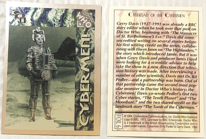 Two 1994 Doctor Who trading cards: left shows a Cyberman figure in metallic costume with foil overlay; right displays text ab