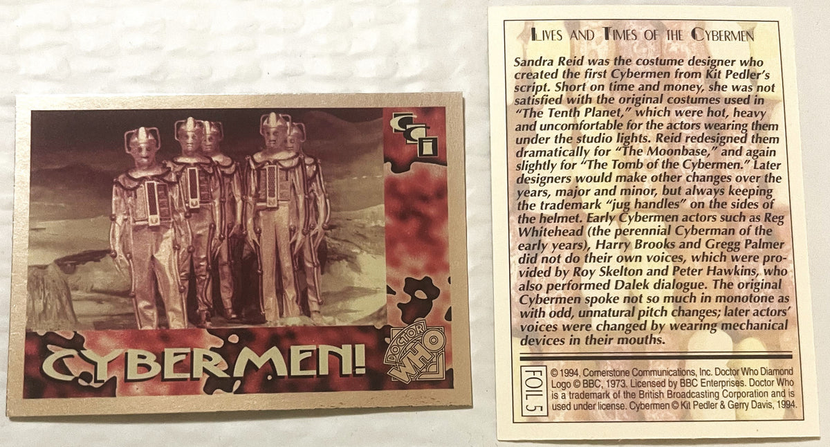 Two vintage Doctor Who Cybermen trading cards from 1994: left shows foil card with three Cybermen in gold costumes on alien l
