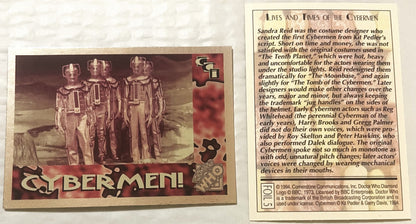 Two vintage Doctor Who Cybermen trading cards from 1994: left shows foil card with three Cybermen in gold costumes on alien l