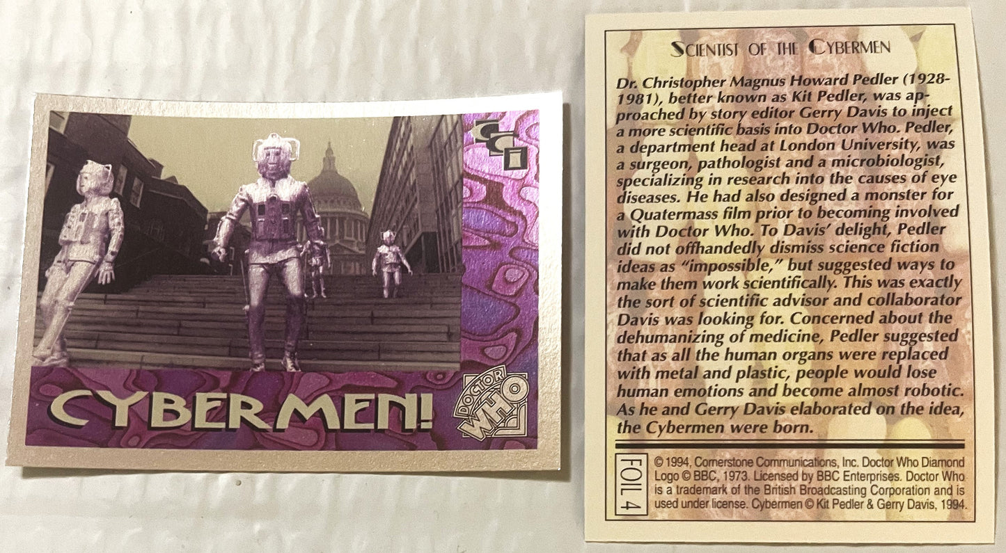 Two vintage 1994 Doctor Who trading cards displayed flat: left card shows purple-toned Cybermen figures with "CYBERMEN!" text