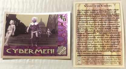 Two vintage 1994 Doctor Who trading cards displayed flat: left card shows purple-toned Cybermen figures with "CYBERMEN!" text