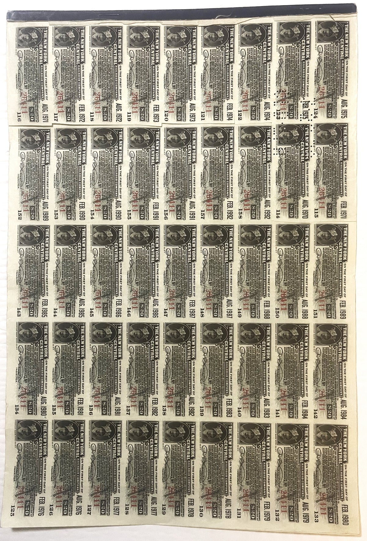Sheet of uncut 1913 New York Central Railroad $1000 gold bond certificates printed in black and sepia, arranged in rows of ni