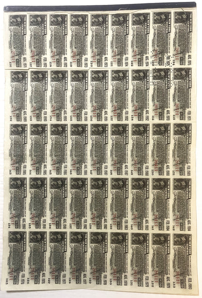 Sheet of uncut 1913 New York Central Railroad $1000 gold bond certificates printed in black and sepia, arranged in rows of ni