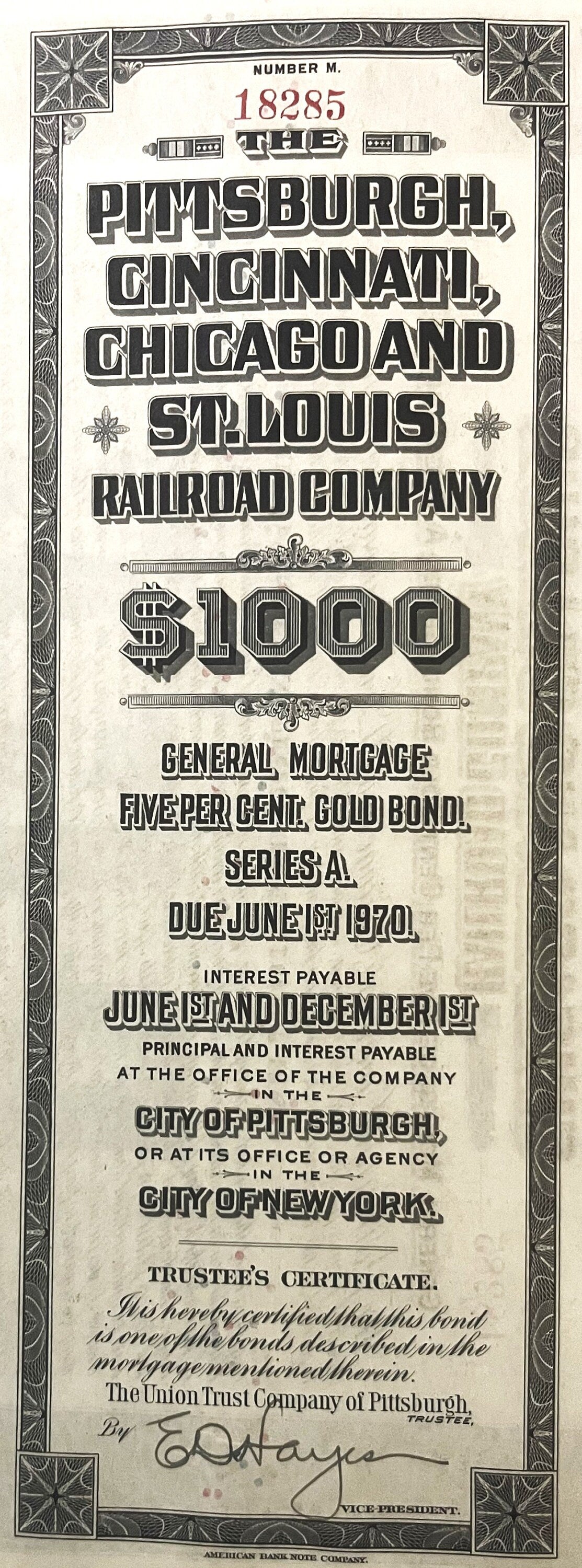 Antique railroad bond certificate numbered 18285 for Pittsburgh, Cincinnati, Chicago and St. Louis Railroad Company, $1000 go