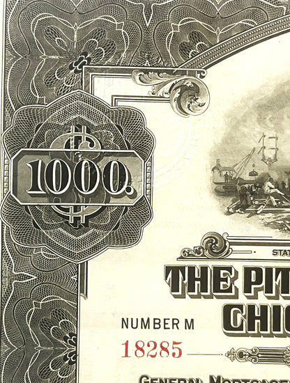 Close-up of ornate left corner of 1000 dollar gold bond certificate with intricate floral engraving, decorative flourishes, a