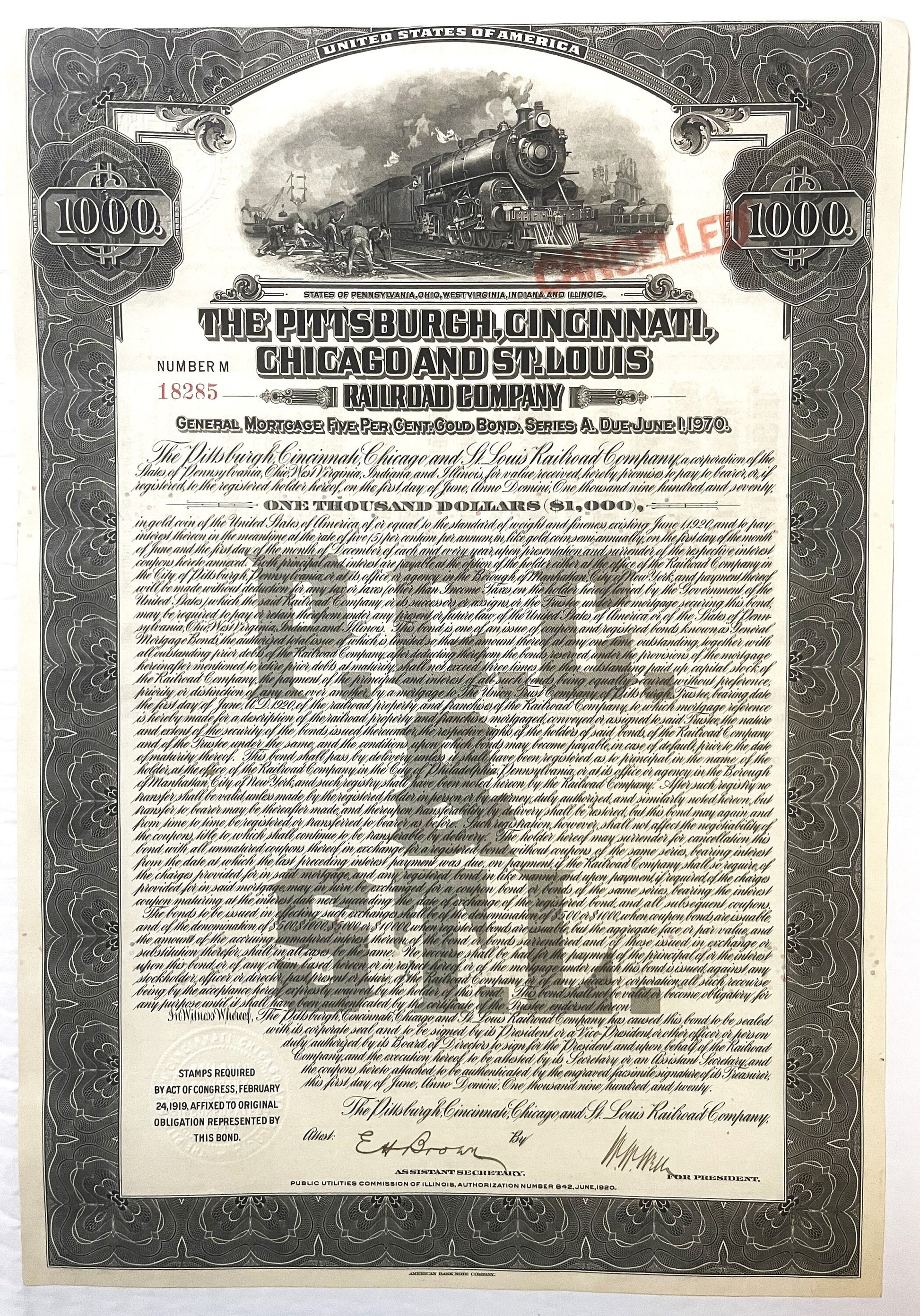Full-page 1920 railroad bond certificate for Pittsburgh, Cincinnati, Chicago and St. Louis with ornate border, steam locomoti