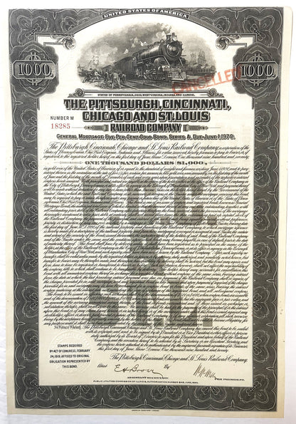 Full-page 1920 railroad bond certificate for Pittsburgh, Cincinnati, Chicago and St. Louis with ornate border, steam locomoti