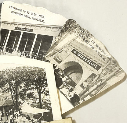 Overlapping vintage black and white postcards showing Montreal attractions including Ye Olde Mill, Johnstown Flood display, a