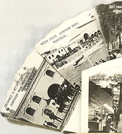 Black and white vintage postcard collection showing boats and attractions at Dominion Park Montreal, fanned display with visi