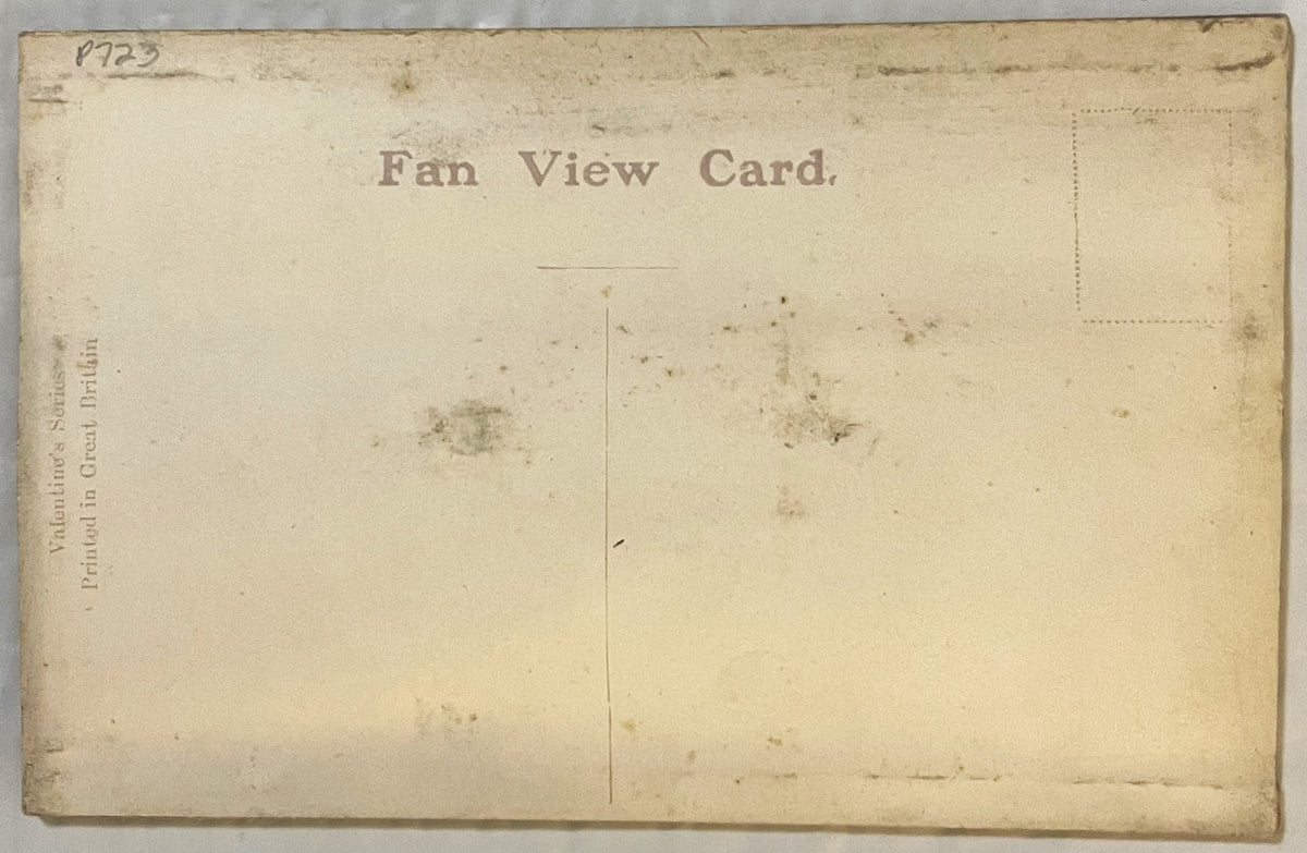 Back of aged cream fan view postcard with "Fan View Card" header and publisher text on left spine, circa early 1900s