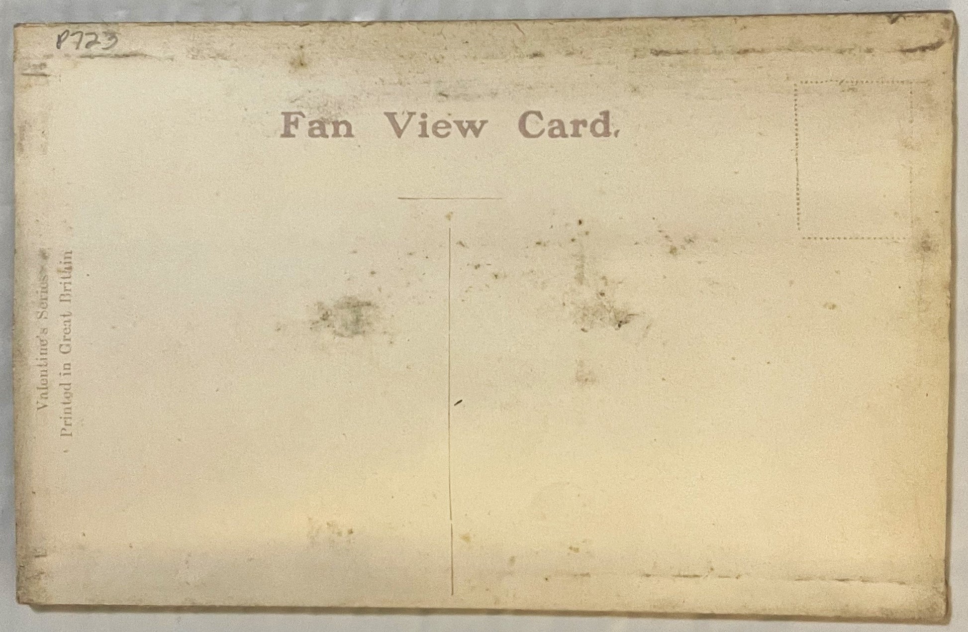 Back of aged cream fan view postcard with "Fan View Card" header and publisher text on left spine, circa early 1900s