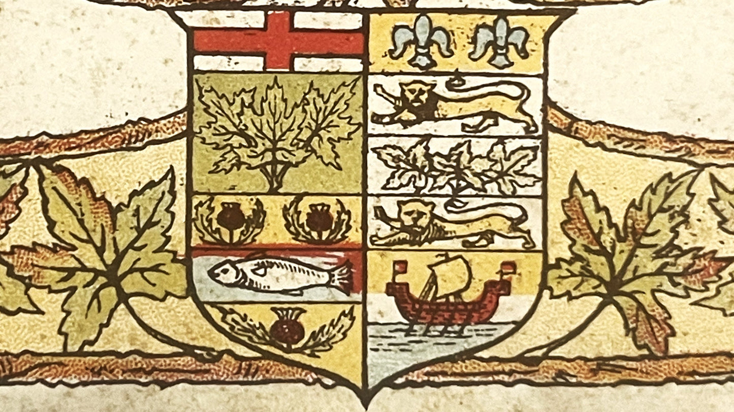 Heraldic coat of arms with red cross, fleur-de-lis, lions, thistle, fish, and ship, surrounded by maple leaves on aged parchm
