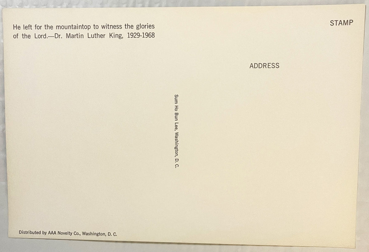 Back of vintage MLK memorial postcard with quote, address lines, stamp area, and AAA Novelty Co. distribution mark on cream c