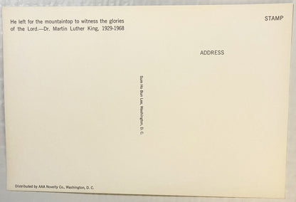 Back of vintage MLK memorial postcard with quote, address lines, stamp area, and AAA Novelty Co. distribution mark on cream c