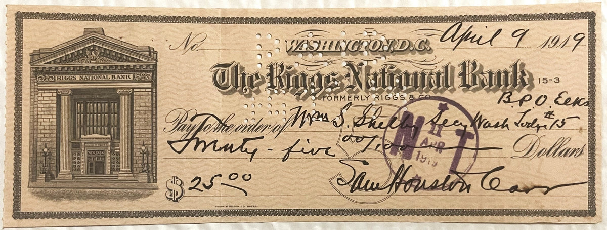 Antique Riggs National Bank check, earlier printing with FORMERLY RIGGS & CO. and the printed 15-3 transit number, hand-completed, stamped and punch-cancelled