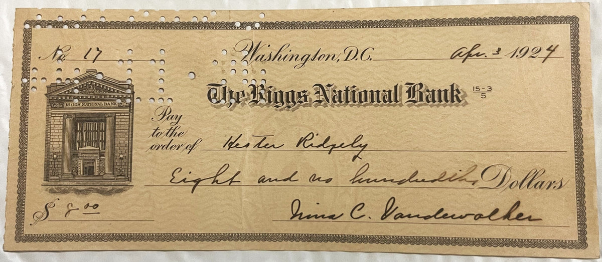 Antique Riggs National Bank check, later printing with a script Washington, D.C. heading, a smaller building vignette and the 15-3 over 5 transit fraction, punch-cancelled