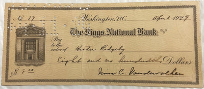 Antique Riggs National Bank check, later printing with a script Washington, D.C. heading, a smaller building vignette and the 15-3 over 5 transit fraction, punch-cancelled