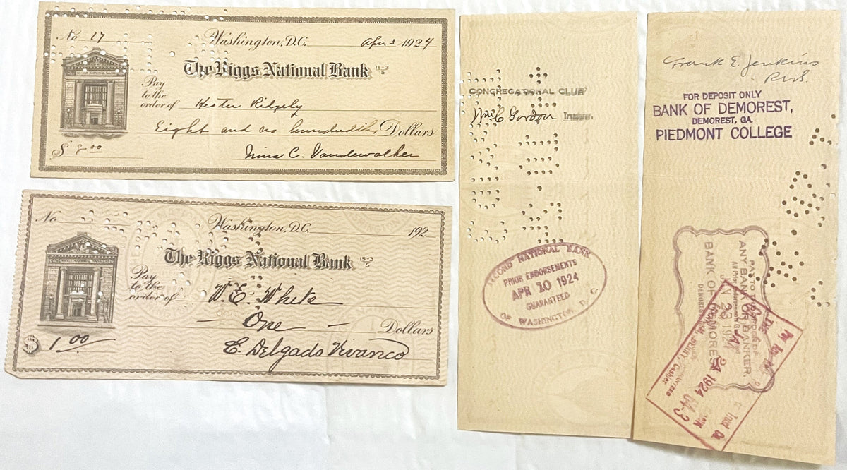 Two later-printing Riggs National Bank checks, one with a pre-printed 192_ date line, beside two check backs carrying endorsements and bank clearing stamps