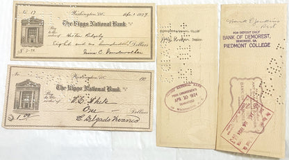 Two later-printing Riggs National Bank checks, one with a pre-printed 192_ date line, beside two check backs carrying endorsements and bank clearing stamps