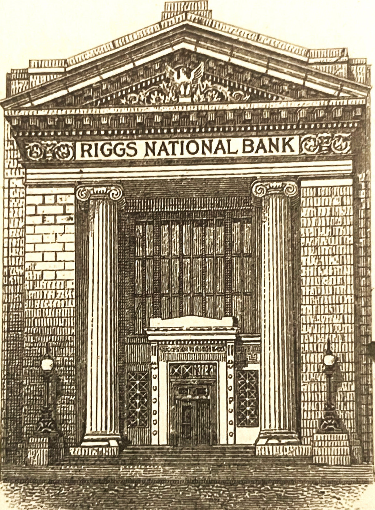 Engraved vignette from a Riggs National Bank check: a temple-front bank building with two Ionic columns, an eagle in the pediment and RIGGS NATIONAL BANK on the frieze