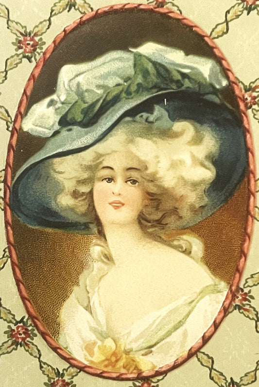 Antique Edwardian Candy Box Insert Blue Plumed Hat Lady Chromolithograph Printed in Germany NOS Belle Epoque Ephemera 🥫