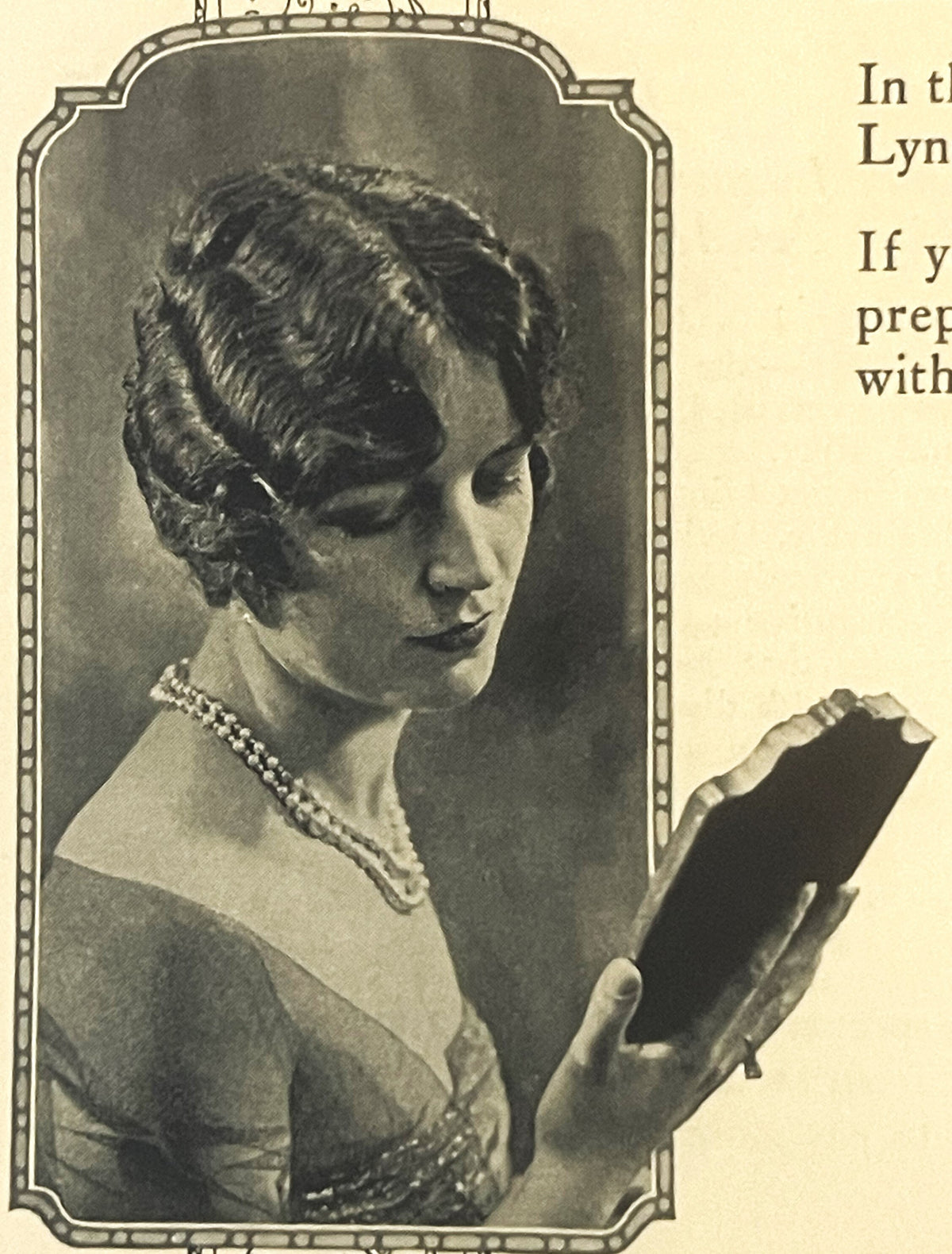 Black and white portrait of a woman in profile wearing pearls and holding a dark book, from a vintage Lynas toiletry brochure