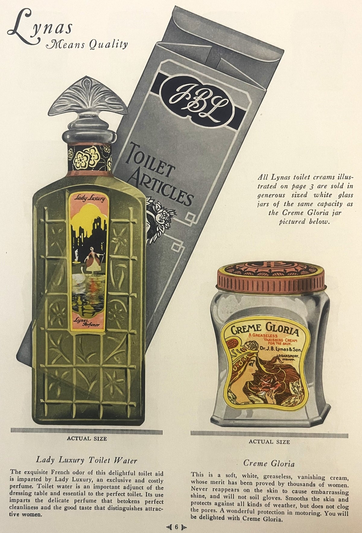Vintage 1920s Lynas toiletry brochure page showing Lady Luxury perfume bottle and Creme Gloria jar with product descriptions 