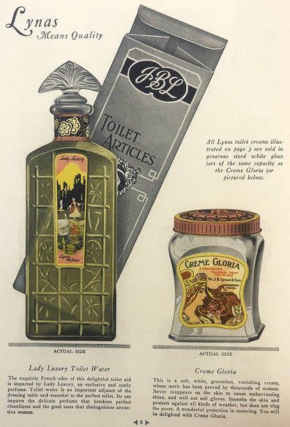 Vintage 1920s Lynas toiletry brochure page showing Lady Luxury perfume bottle and Creme Gloria jar with product descriptions 