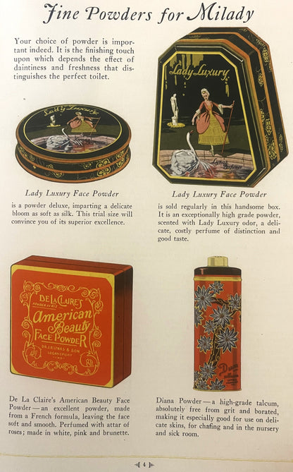Vintage beauty catalog page showing four face powder products with ornate packaging in gold, black, and red tones against cre