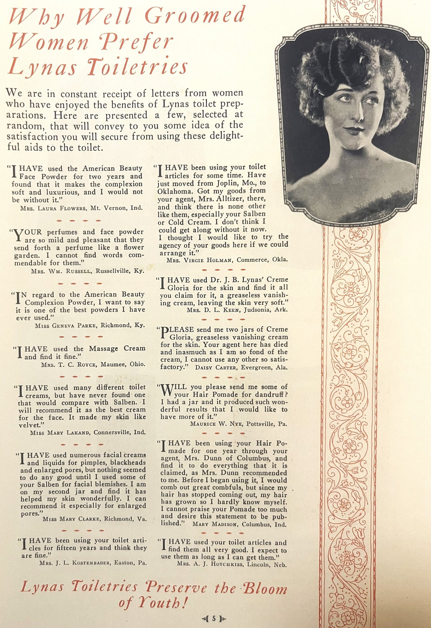 Vintage Lynas Toiletries brochure page with testimonial letters and portrait photo of woman, cream and red typography on beig