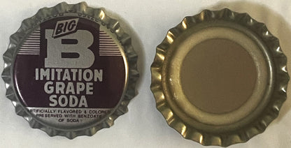 Vintage bottle cap showing front and back views; front displays "BIG B" logo with "IMITATION GRAPE SODA" text on dark backgro